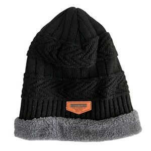 Song Ting Black Knit Beanie Hat with Sherpa Lining Winter Warm Fashion